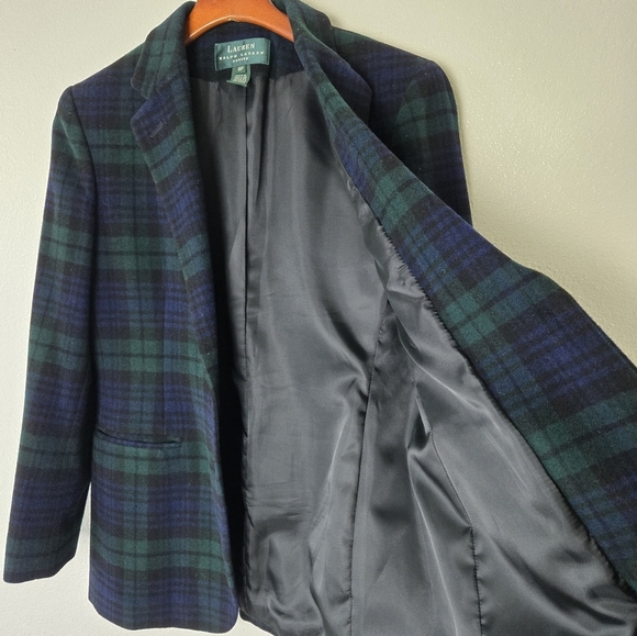 Vintage Ralph Lauren Tartan Plaid Wool Cashmere Check Blazer Green Navy Size 8P - Picture 11 of 15